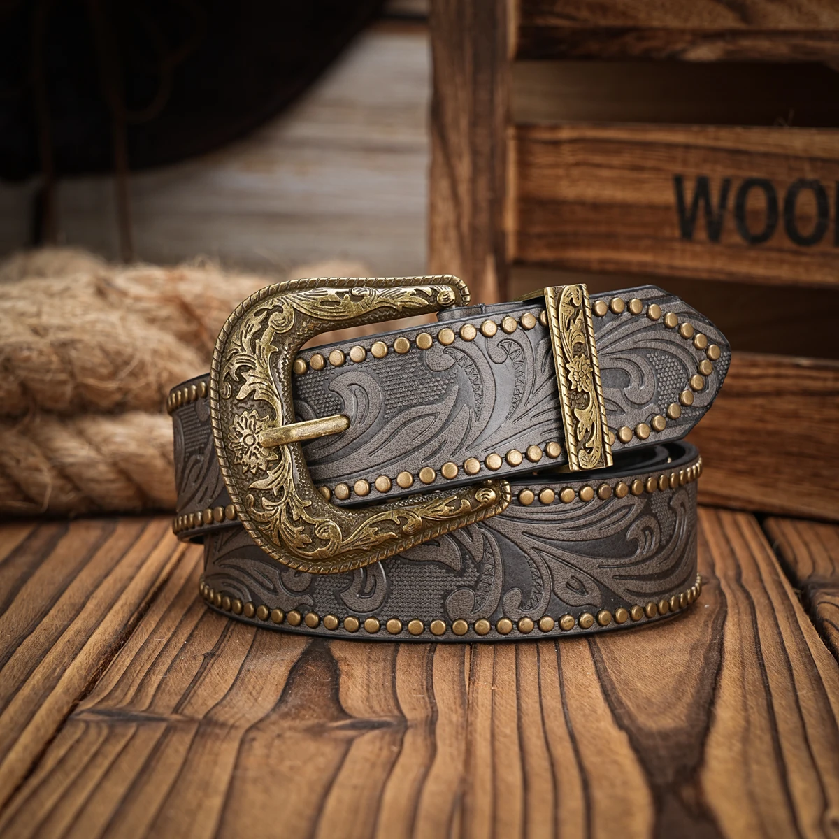 Men & Women-Western-Cowboy-PU Leather-Belts - Vintage horse Belt Floral Engraved Buckle Belt for Jeans