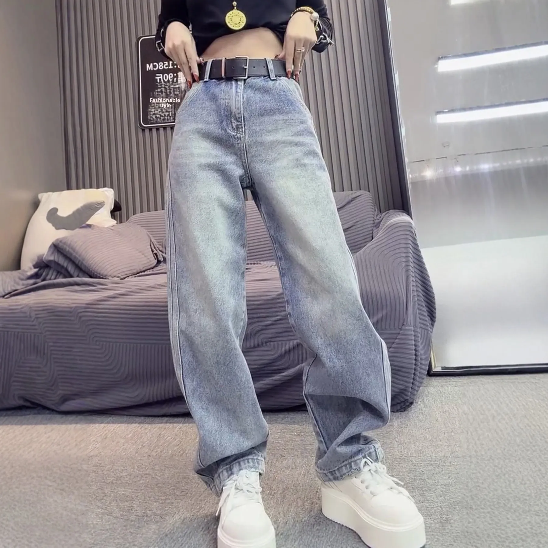 

Американские женские джинсы большого размера с высокой талией, свободные, широкие, прямые, весна 2026, новые повседневные джинсы с высокой талией