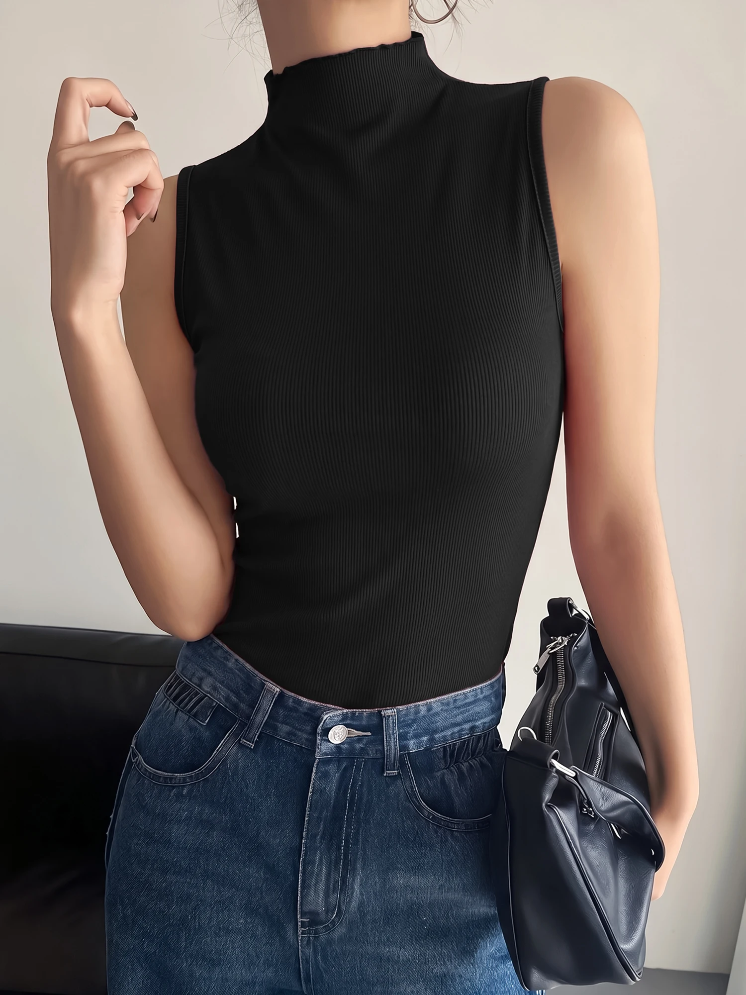 Chic Ribbed Fitted Mock Neck Tank Top, Sleeveless Basic Shirt for Professional Outfits