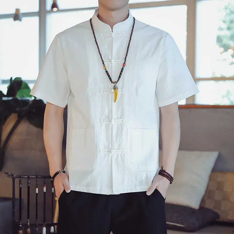 Traditional Chinese Style Men's Tang Suit Cotton Linen Shirts Summer Short Sleeve Button Up Stand Collar  Kong Fu Tops CN-251