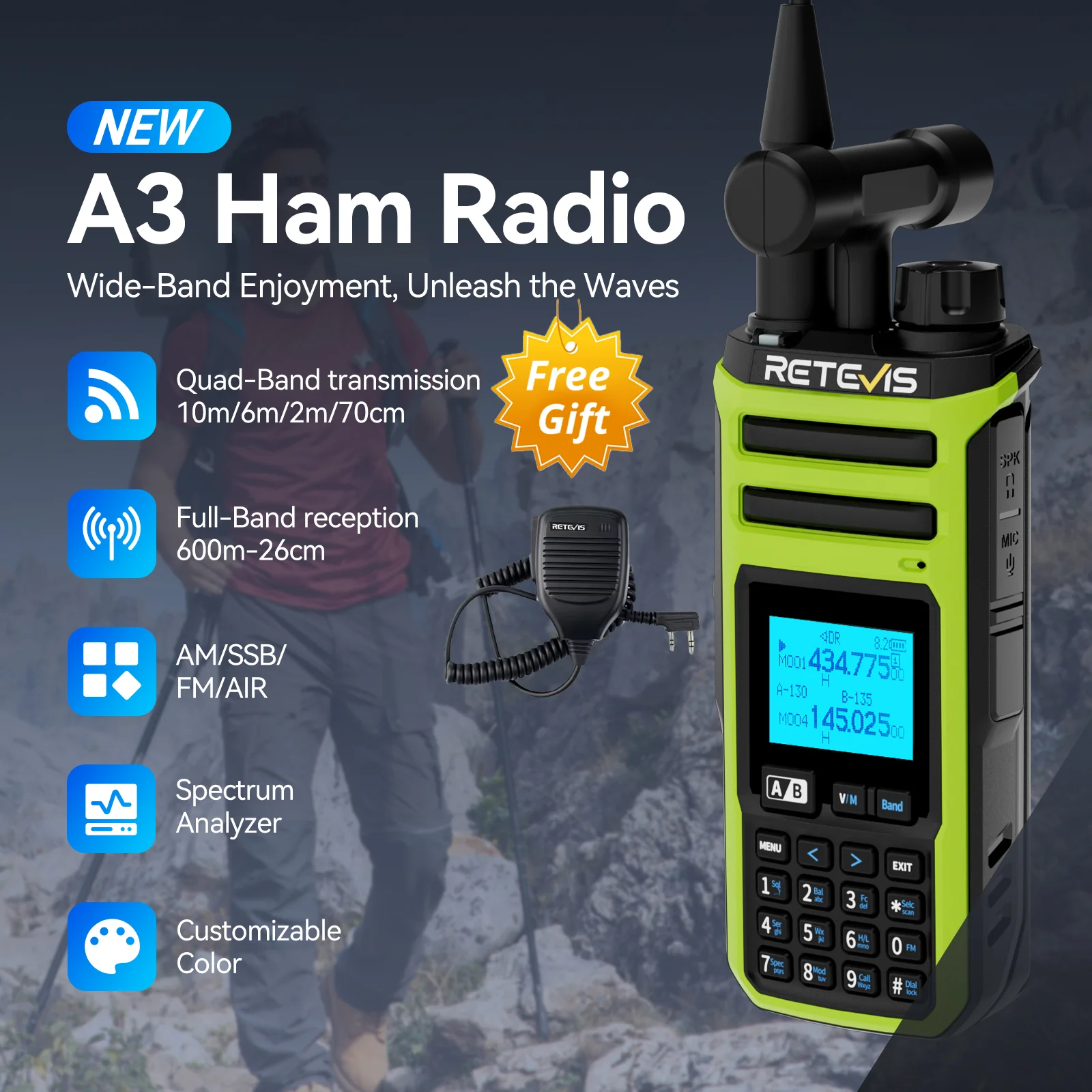 

Retevis A3 Ham Radio Quad Band Walkie Talkie UHF VHF HF Dual Receive Transmit VOX 2500mAh Long Battery Life 999 Channels