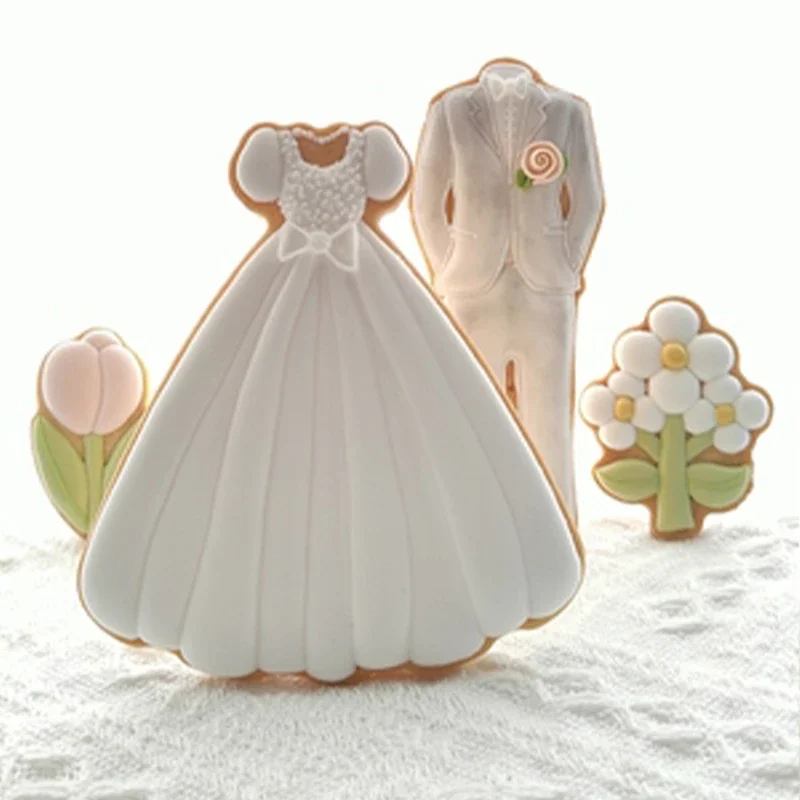 Wedding Dessert Cookie Cutter and Fondant Embosser Cute Cartoon Wedding Dress DIY Hand Press Biscuit Forms Acrylic Baking Tools