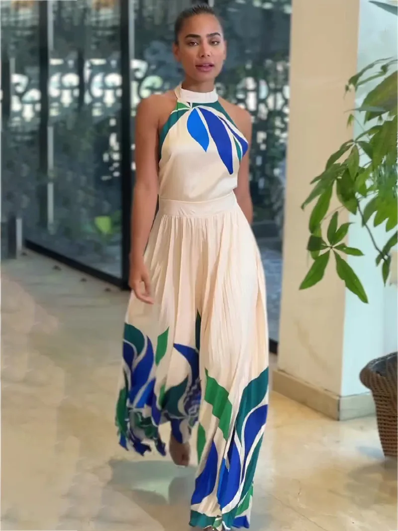 จั๊มพ์สูทขาสั้นทรงบานพิมพ์ลายดิจิทัลแฟชั่นผู้หญิงเซ็กซี่สุดฮอตเปิดหลังแขนกุดสะดุดตาสำหรับออกนอกบ้าน