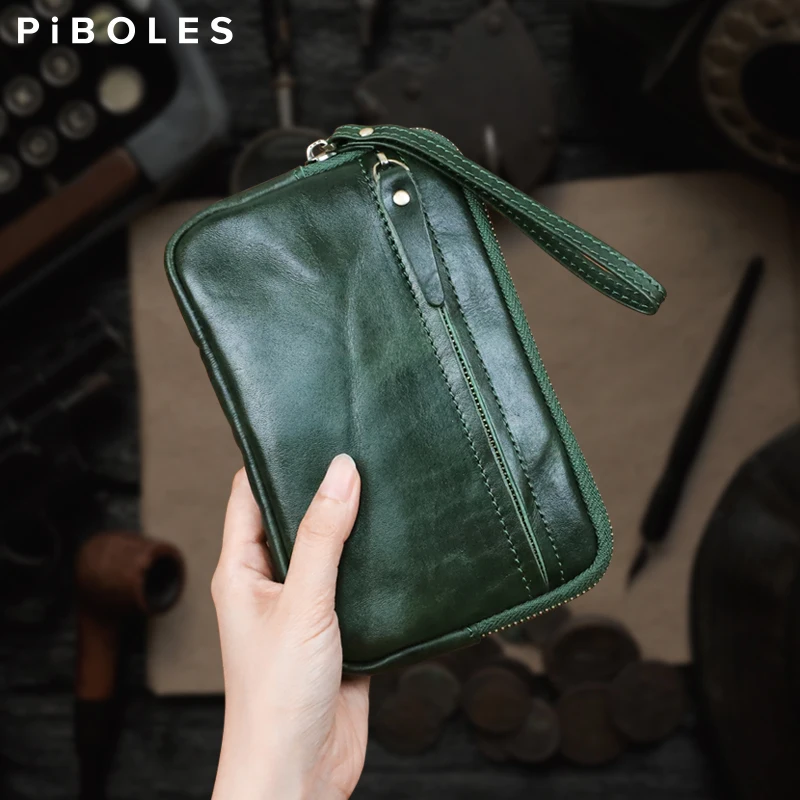 Vintage Soft Leather Coin Purse Handbag Handmade Genuine Leather Zipper Long Wallet Phone Bag Storage Clutch Purse