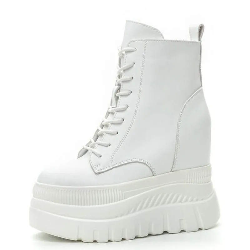 

12CM Genuine Leather Women Breathable Platform Hidden Heels Shoes Genuine Leather Chimney White Fashion Spring ZIP Ankle Boots
