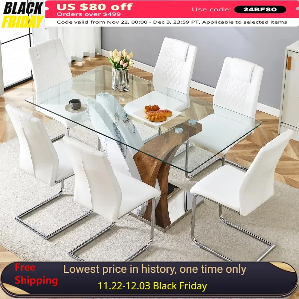 Glass Dining Table Set ,with DIY Leg&Tempered Glass Top,Kitchen Tables with 6 White Chairs,Modern Dining Room Table Sets