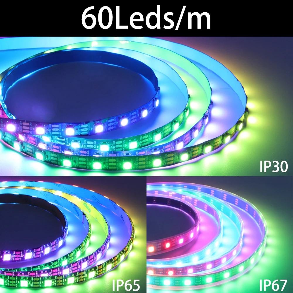 Imagem -05 - Fita Led Rgb Smart Pixel ic Endereçável Individualmente 30 60 144 Pixels Leds m Ip30 Ip65 Ip67 dc 5v Ws2812b