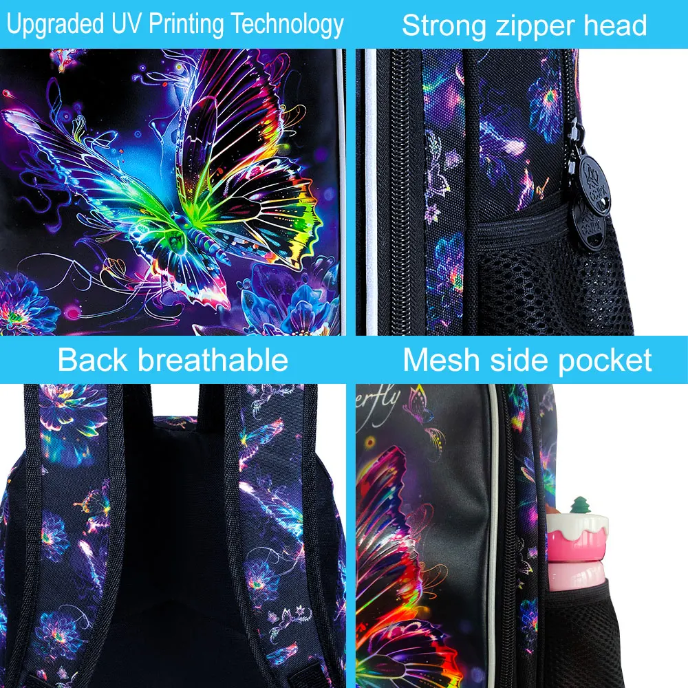 Zaino per bambini da 16 pollici per ragazze, zaino scolastico da 3 pezzi con scatola per il pranzo, set di zaini a farfalla per la scuola materna elementare