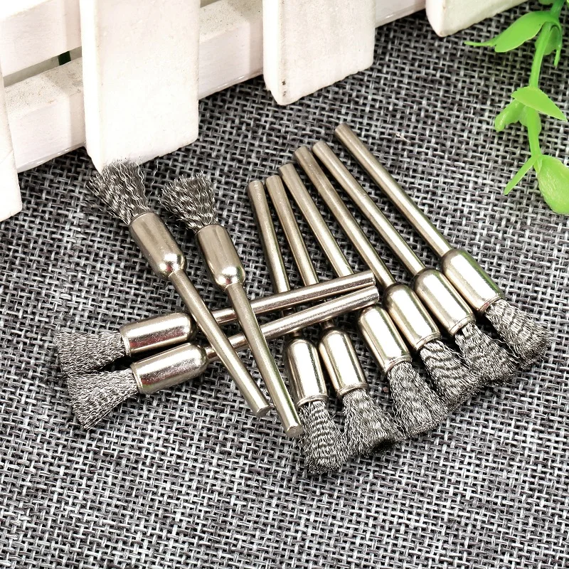 

10Pcs 6MM Stainless Steel Polishing Wheel Brush Pen Shape 3mm Shank Wire Cleaning Brush Fits for Dremel Accessories Rotary Tools