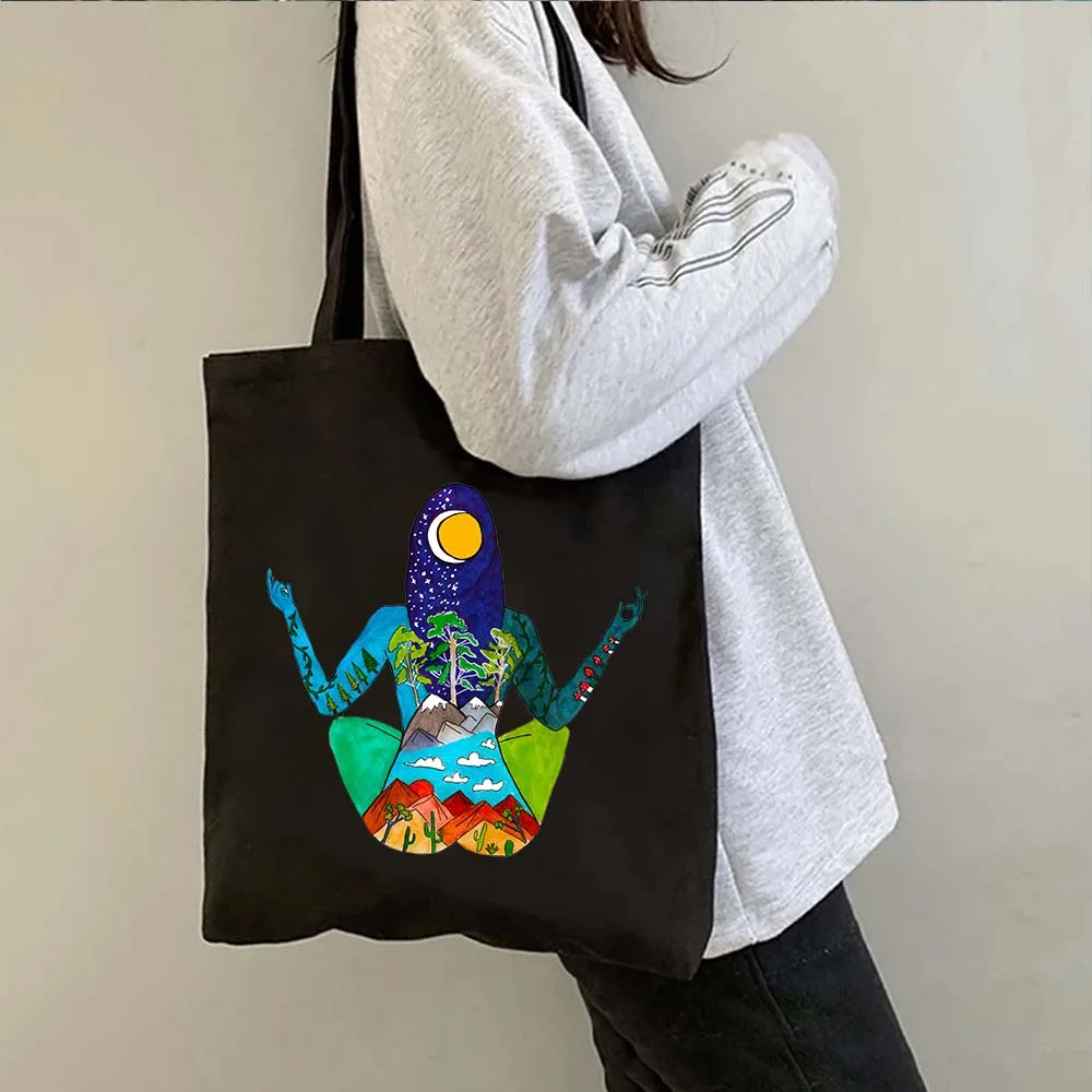 Vintage místico Celestia Eclipse Solar sol y luna diosa estrellas línea abstracta dibujo lienzo bolso de mano bolsos de compras de algodón