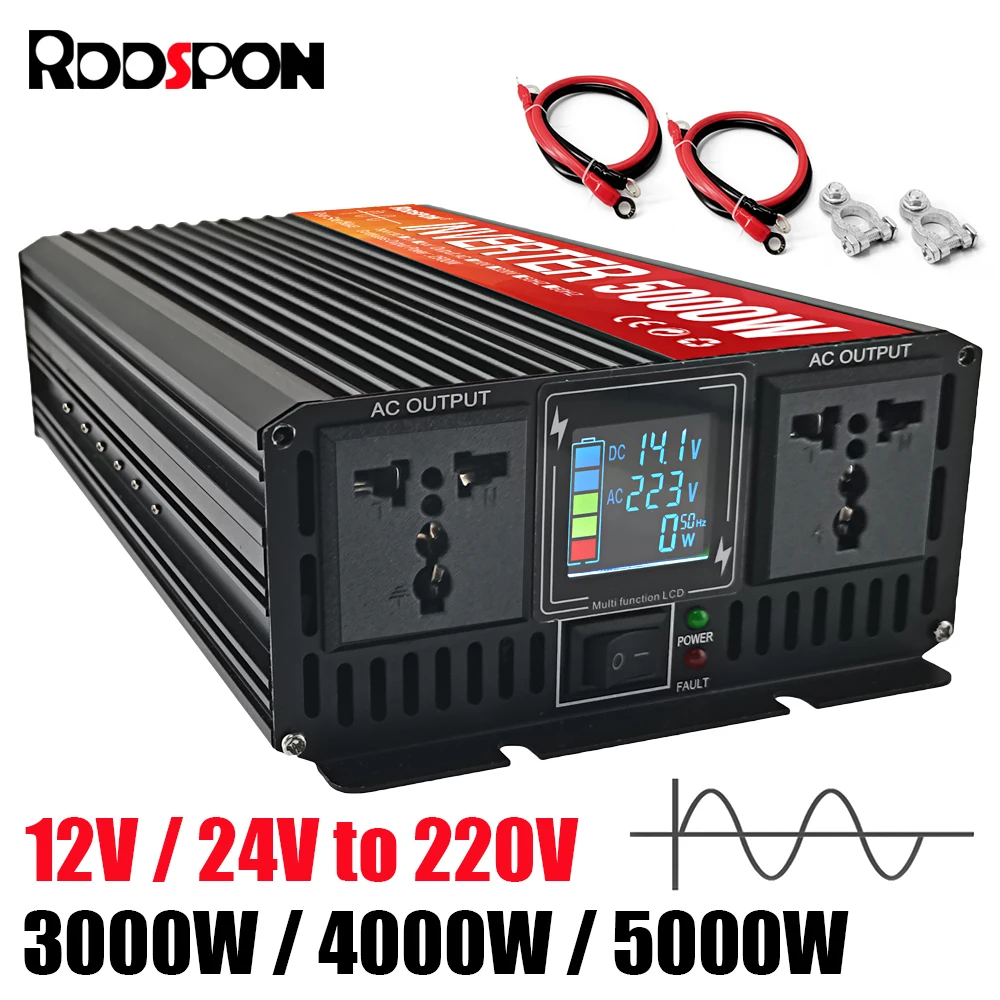 rddspon inversor de onda senoidal pura conversor de tensao fonte de alimentacao soquete duplo display lcd dc 12v 24v a 220v ac 3000w 4000w 5000w 01