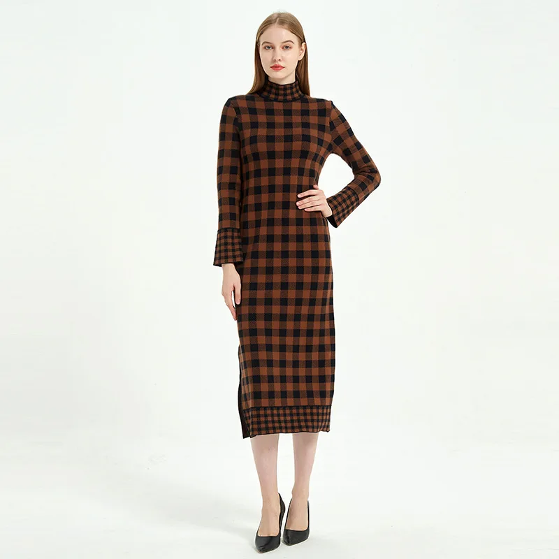 2024 New Autumn And Winter Women's Dress Sleeved Plaid Slim Fit Slit Elegant Style Long Skirt Dresses Women Sizes платье женское