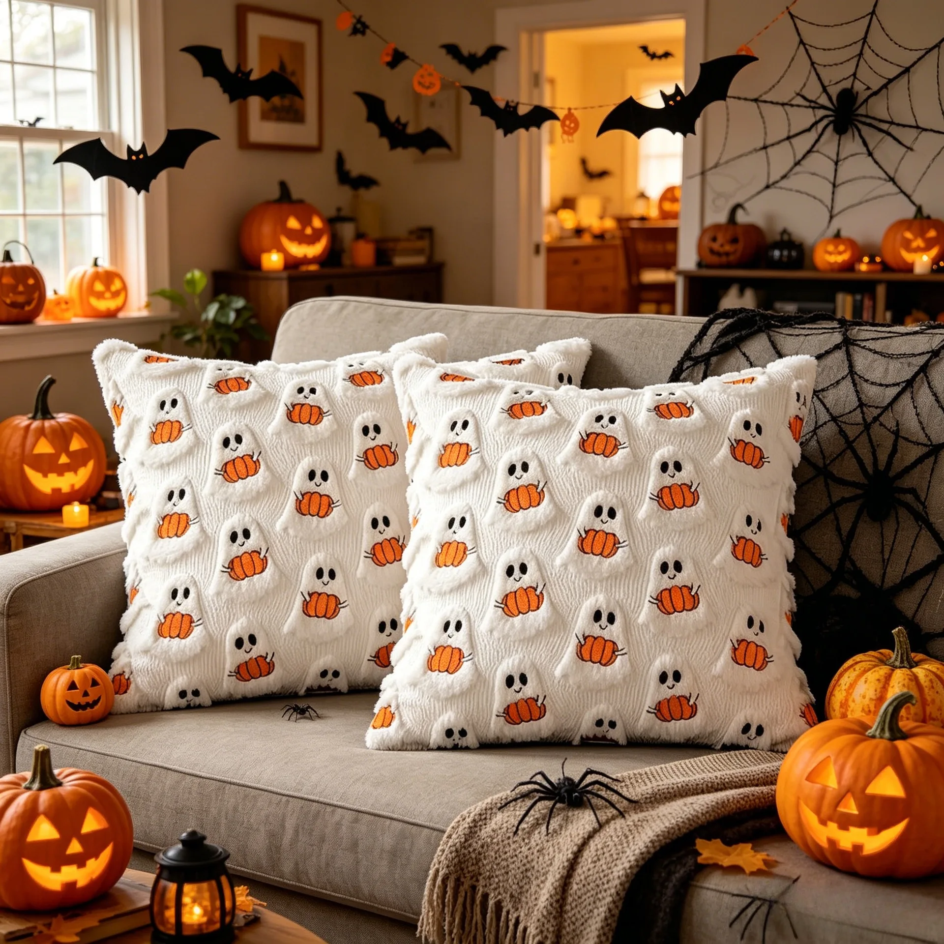 Halloween Ghost Pumpkin Throw Pillow Cover 3D Embroidery Cushion Case Cute Spooky Pillowcase for Sofa Living Room Home Ornament