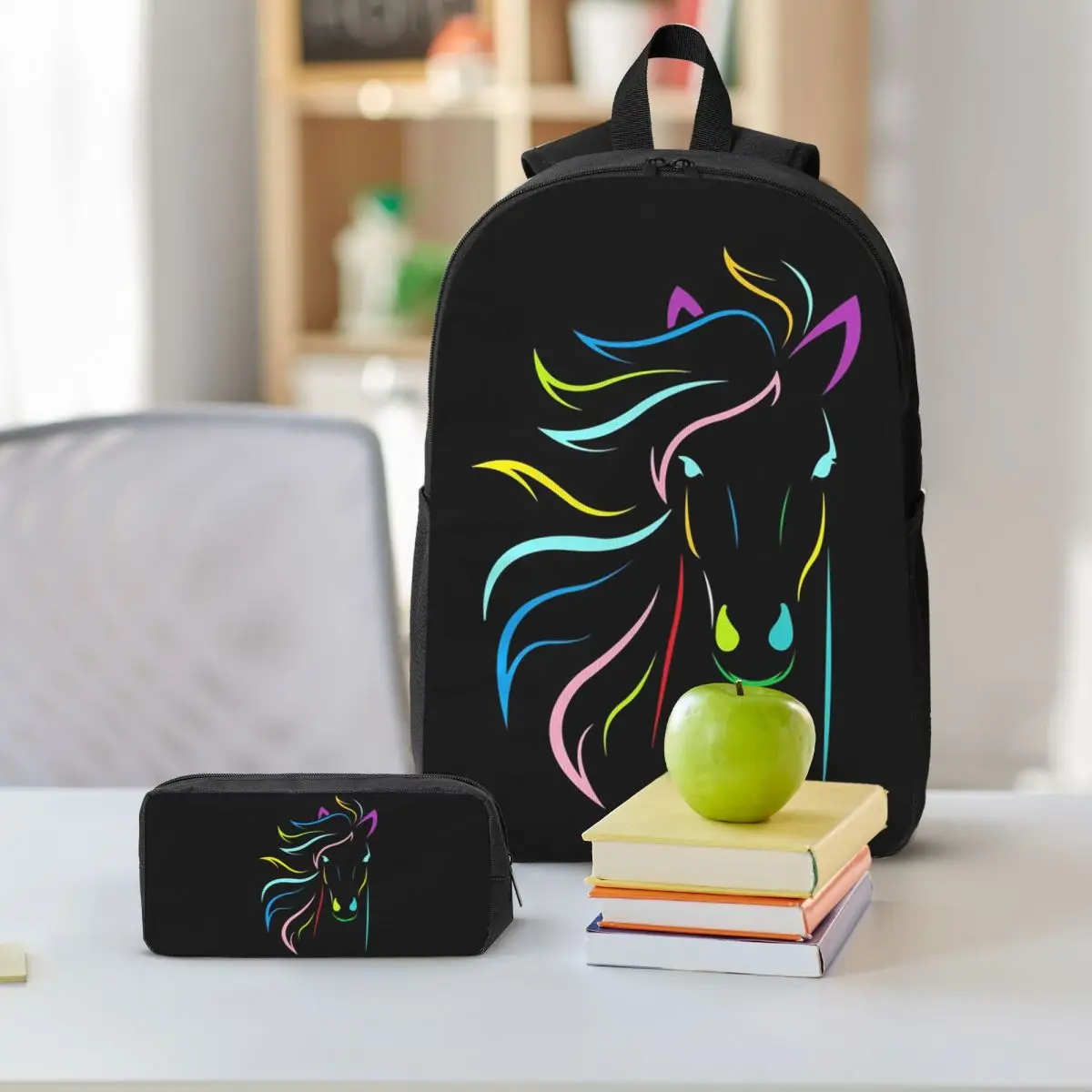 Magical Horse Backpack Boys Girls BookBag School Bag Shoulder Bags 3ps Insulated Lunch Bag Pencil Case
