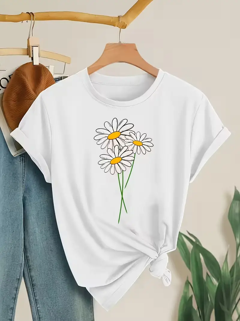 

Plus size women's short sleeve T-shirt Daisy Flower With Credit Card Everyday comfortable and versatile style summer outfits