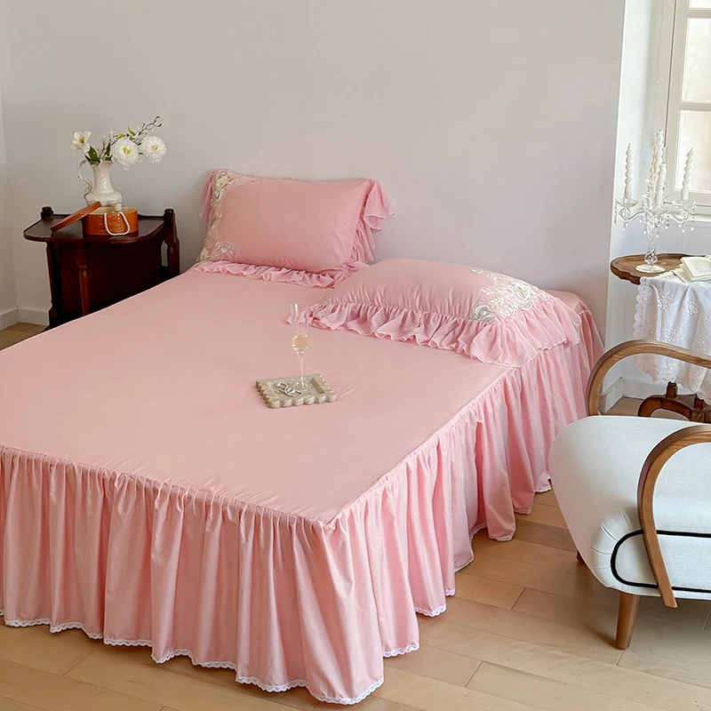 Imagem -04 - Conjuntos de Cama Bordados com Renda Rosa Elegante Luxo Estilo Coreano 100 Algodão Capa de Edredom Rosa Princesa Saia de Cama e Fronhas