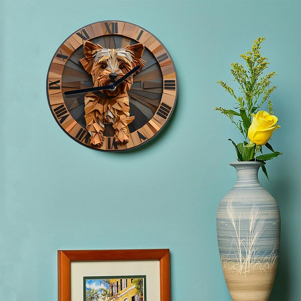 DIY Yorkshire Terrier Wall Clock Kit - Silent Clock with 3 Hand Sets - 2D Geometric Dog Design - Assembly Required Home Decor