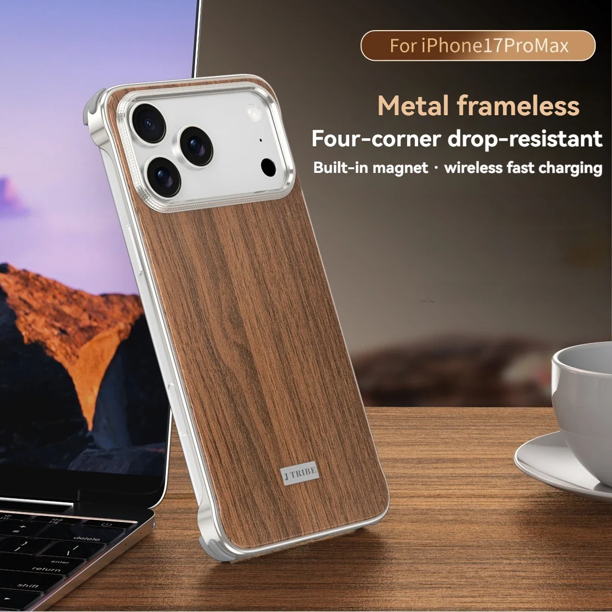 Back Walnut Wood Aluminum Alloy Phone Case for iPhone 17 16 15 Pro Max with Support Magnetic Charging