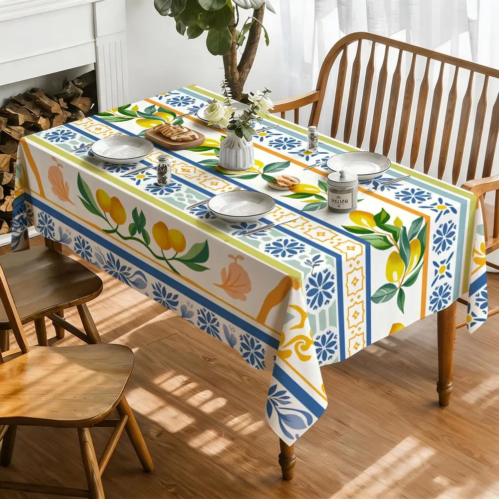 Mediterranean Style Lemon Floral Print Tablecloth for Table Decor Summer Lemon Blue Flower Kitchen Dining Table Cloth Home Decor