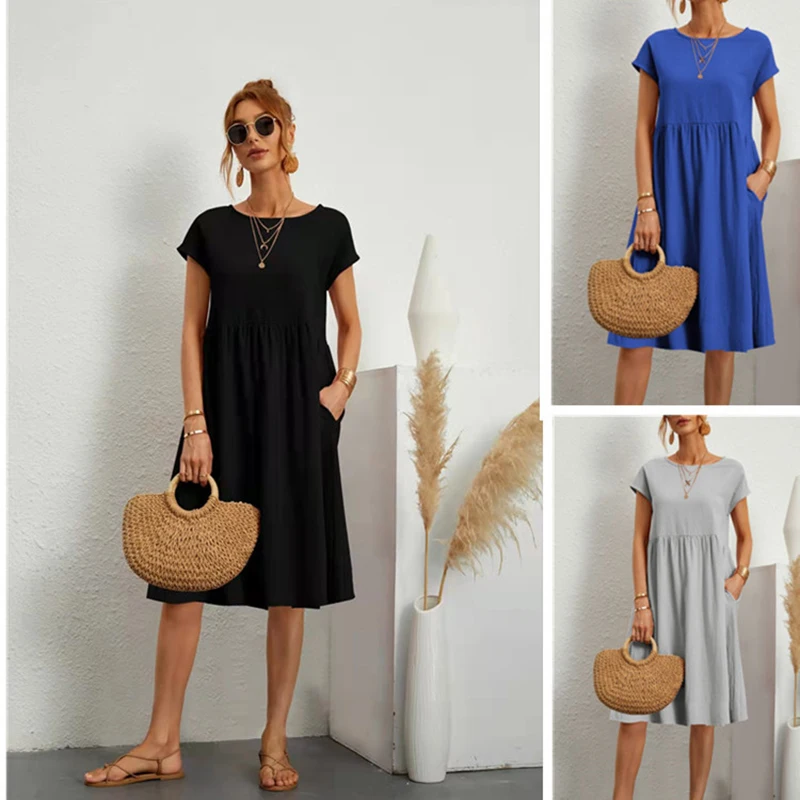 2023 New Women Summer Dress Casual Elegant Solid Short Sleeve Knee Dresses Female Loose Holiday Beach Sundress Vestidos Pockets