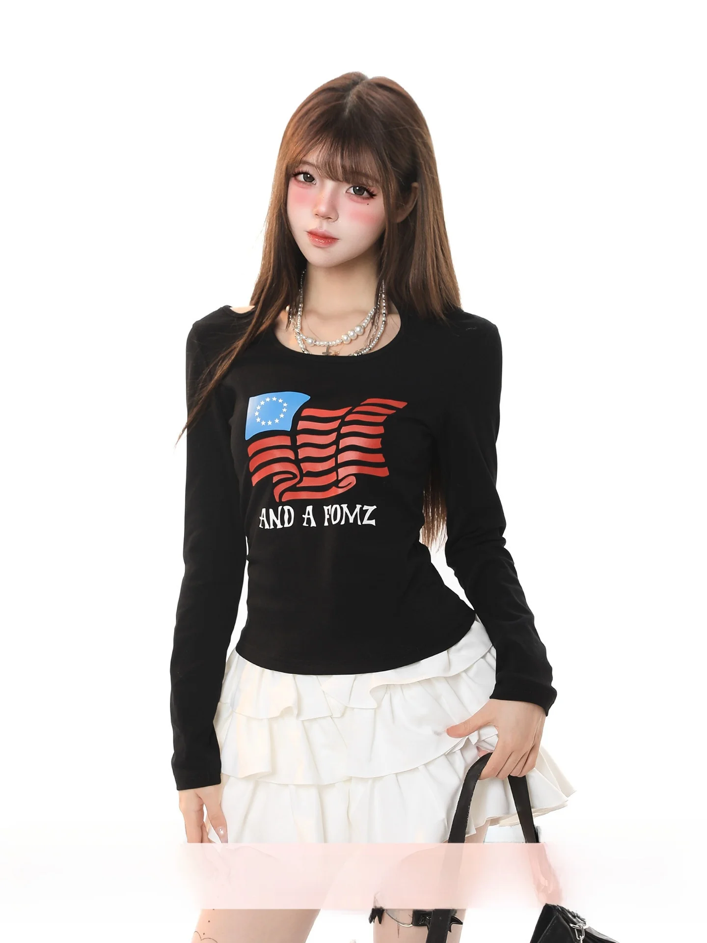 

Американская женская футболка с длинным рукавом и принтом флага, весенняя, омолаживающая, универсальная, с эффектом похудения, повседневный топ
