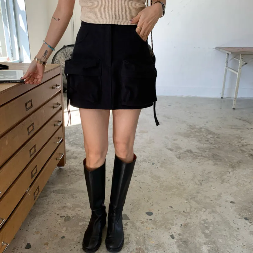 

Retro High Waist A-Line Skirt Women's Utili kets Slimming Trendy Cotton Commute Sle Korean Version ort Skirt