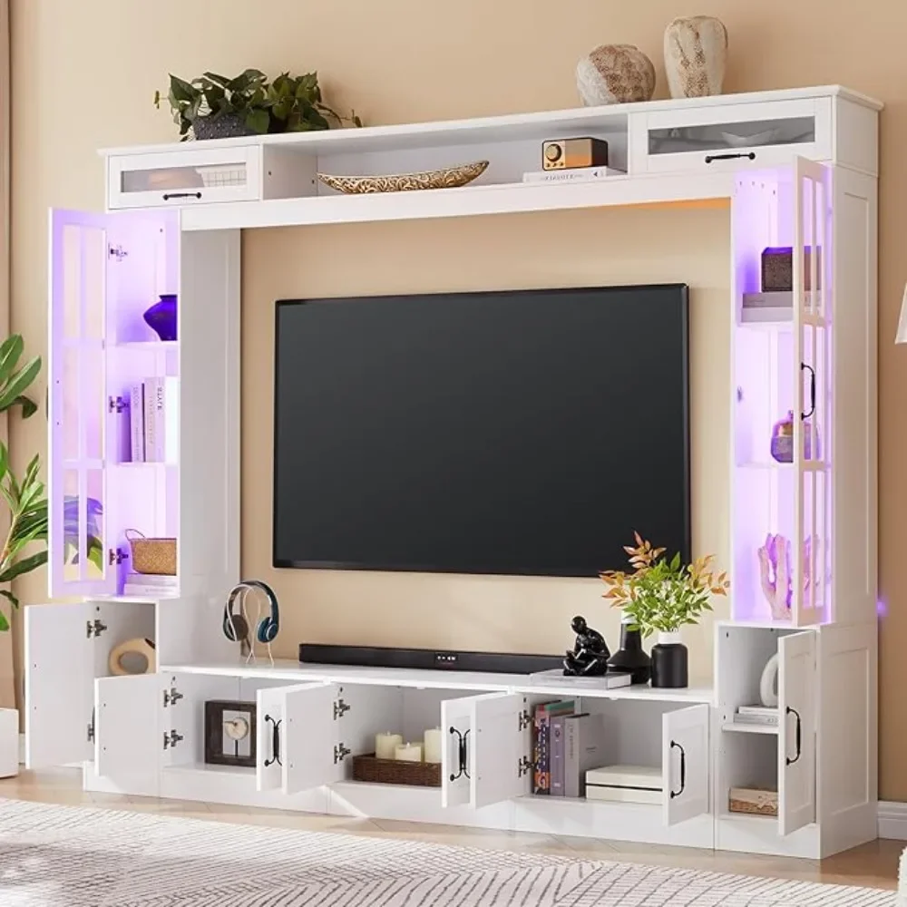 

with LED Lights for TVs up to 80", Large Modern Wood Tall TV Stand Console Table Storage Cabinet for Living Room, White
