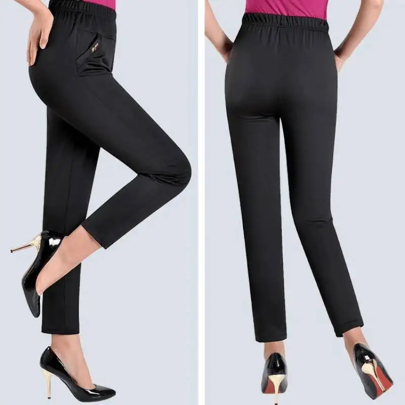 2025 Summer Pants Women Cropped Pant Casual Elastic High Waist Trousers Pockets Stretch Skinny Pant Office Female Clothes