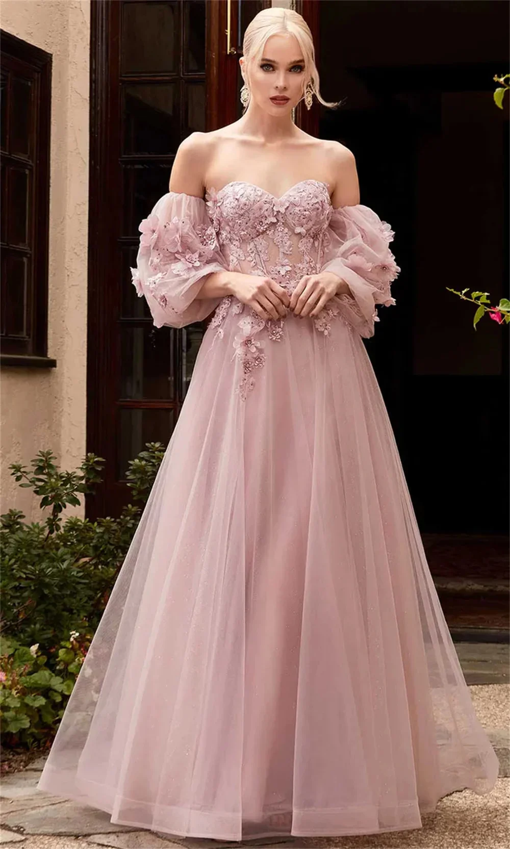 Vestido de baile Cathy White Tulle com mangas inchadas, ombro, linha A, bordado em renda, elegante vestido de casamento, querida, rosa