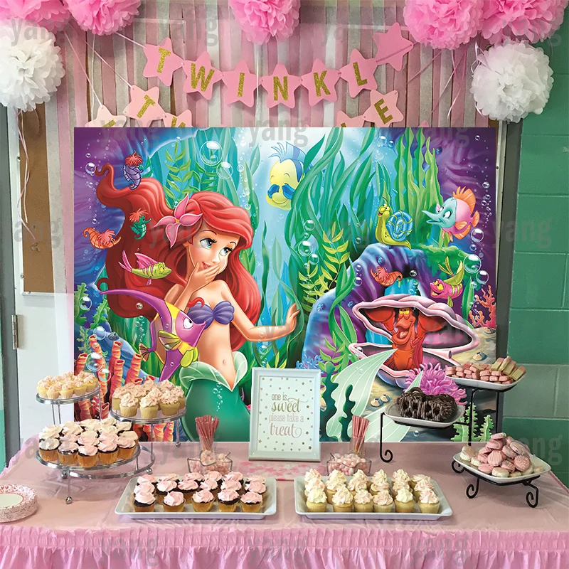 Disney The Little Mermaid Backdrop Newborn Birthday Smiling Ariel Girls Princess Colorful Deep Sea Background Party Decoration