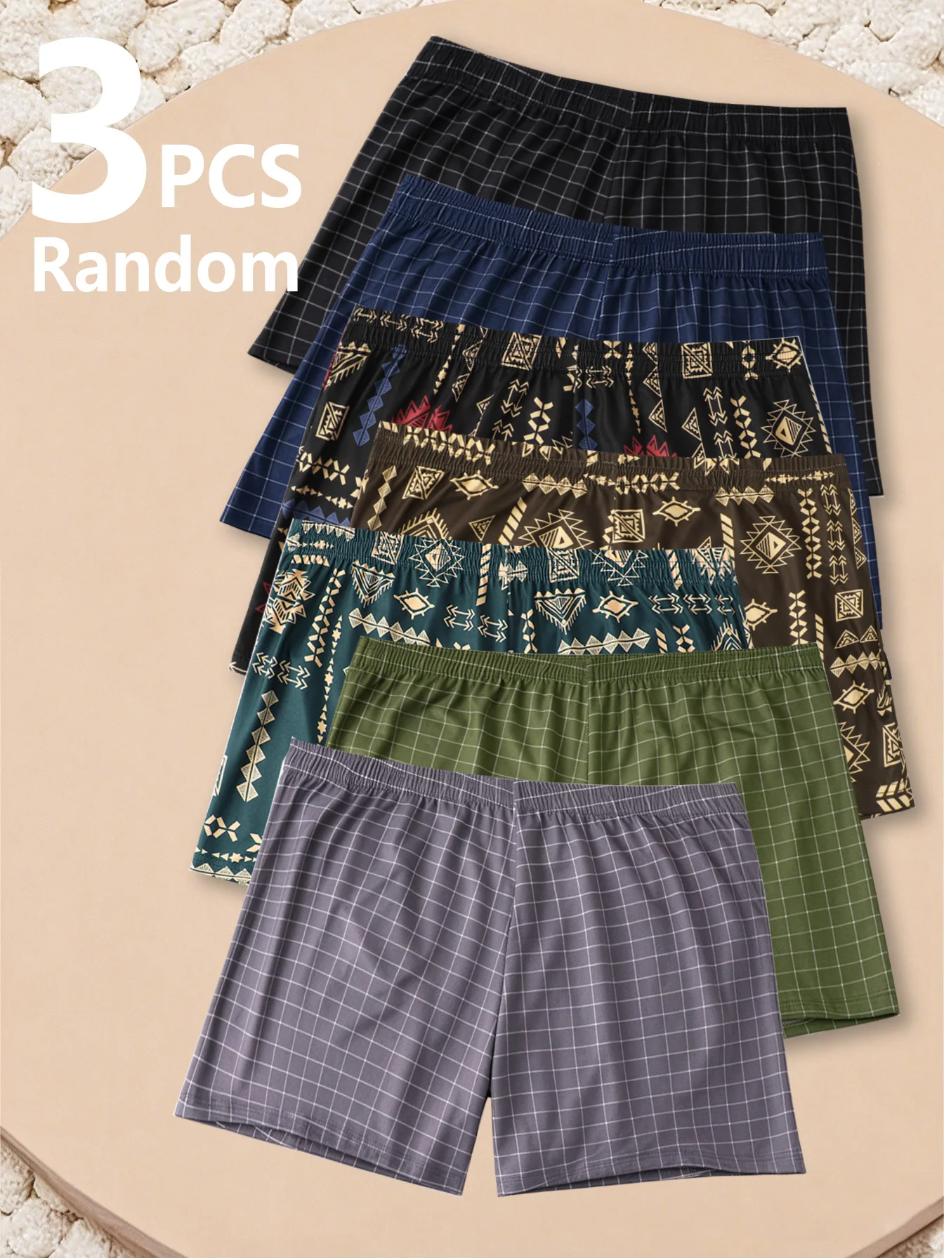 3-Piece Set Random of Plaid Printed Elderly Aro Pants Casual and Loose Men's Boxer Shorts Comfortable and Breathable Underwear