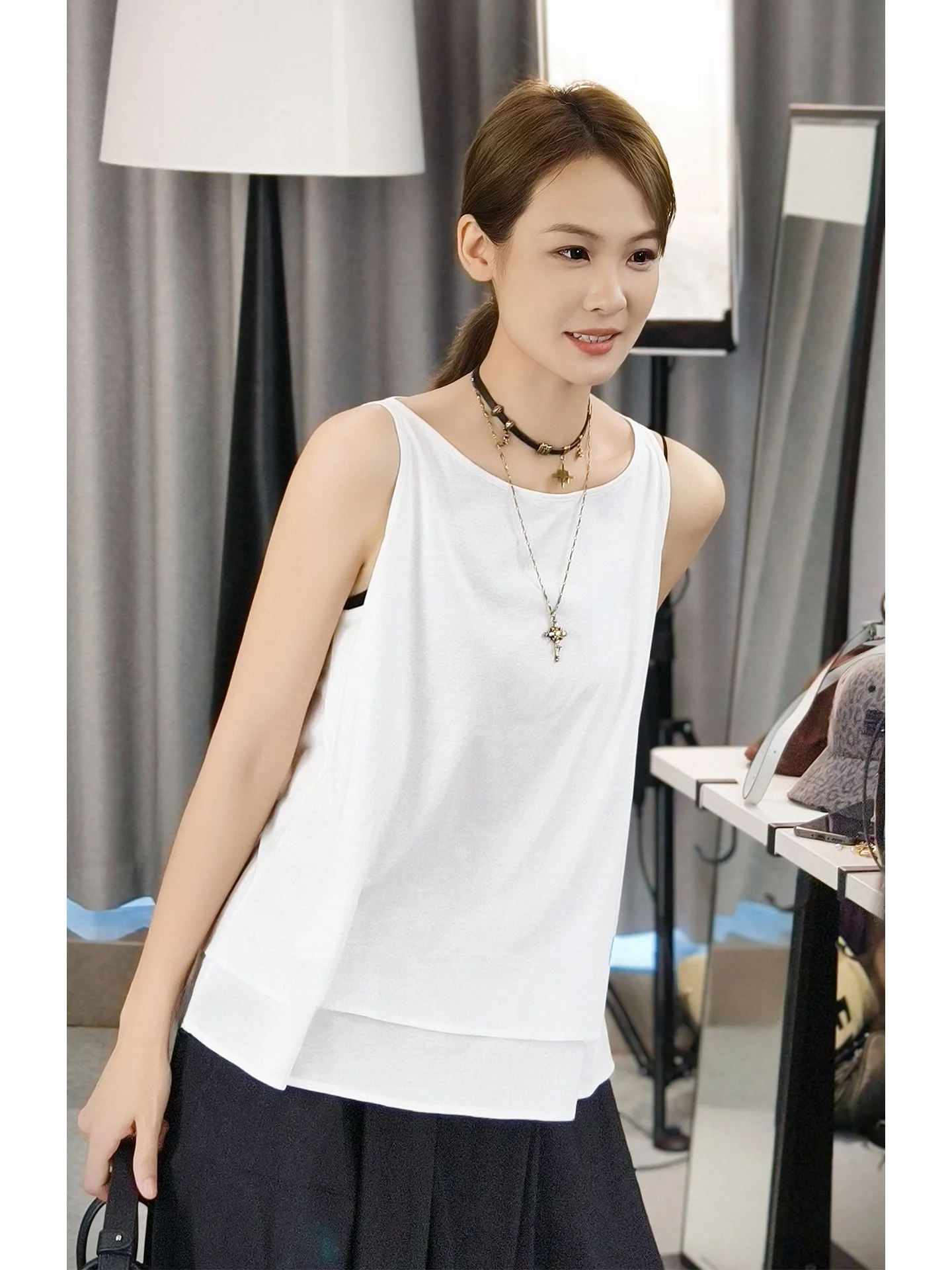 

MeiYang Pure Cotton round Ne Vest Cloud Pattern Texture Svel Women's Summer Casual Wear Single Piece