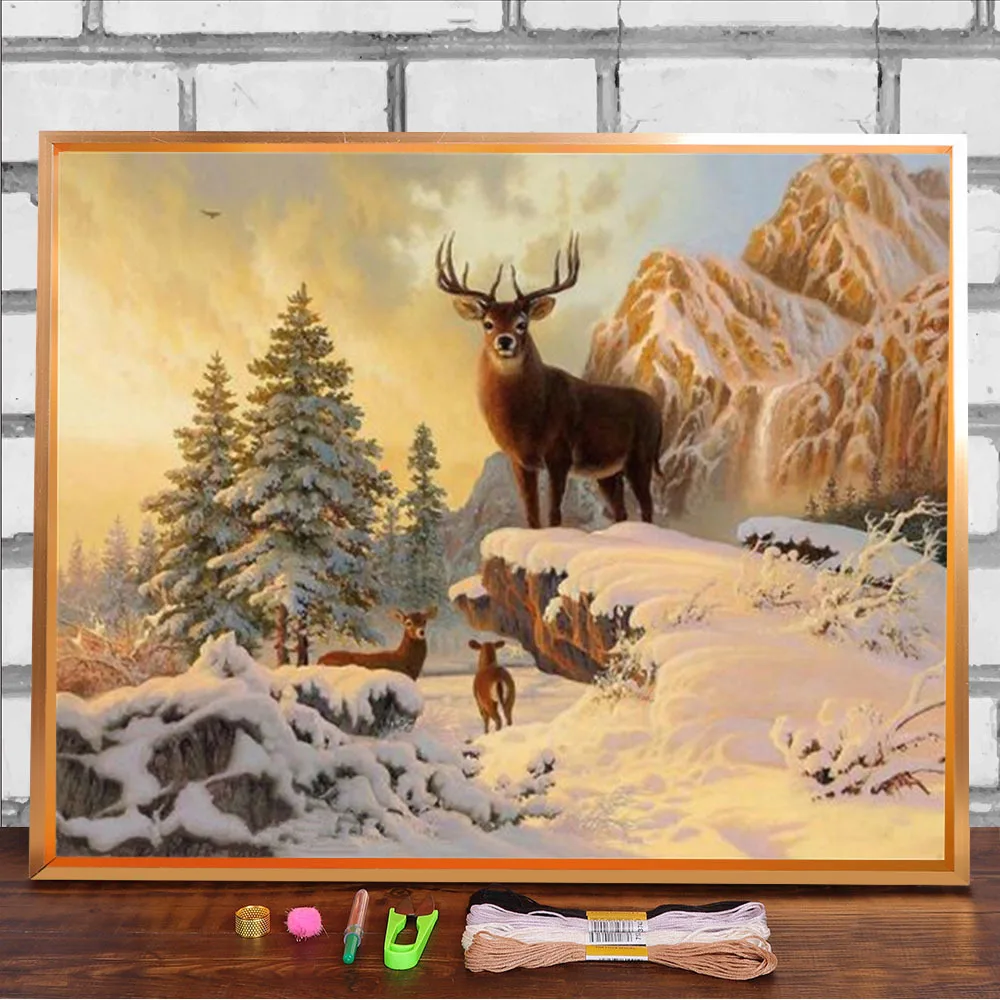 Animal Forest Deer Printed Water-Soluble Canvas 11CT Cross-Stitch Embroidery Full Kit DMC Threads Handiwork Knitting      Decor