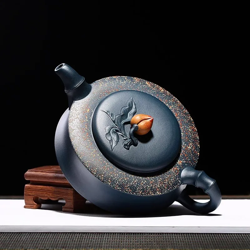 Yixing Raw Ore Dark Green Clay Bamboo Longevity Peach Purple Clay Teapot Pure Handmade Boutique Hand-painted Collection