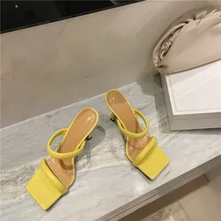 2022 New Summer Yellow White Thin Heels Slippers Sandals Women Square Toe Mules Slippers Beach Leisure Slides Flip Flop Platform