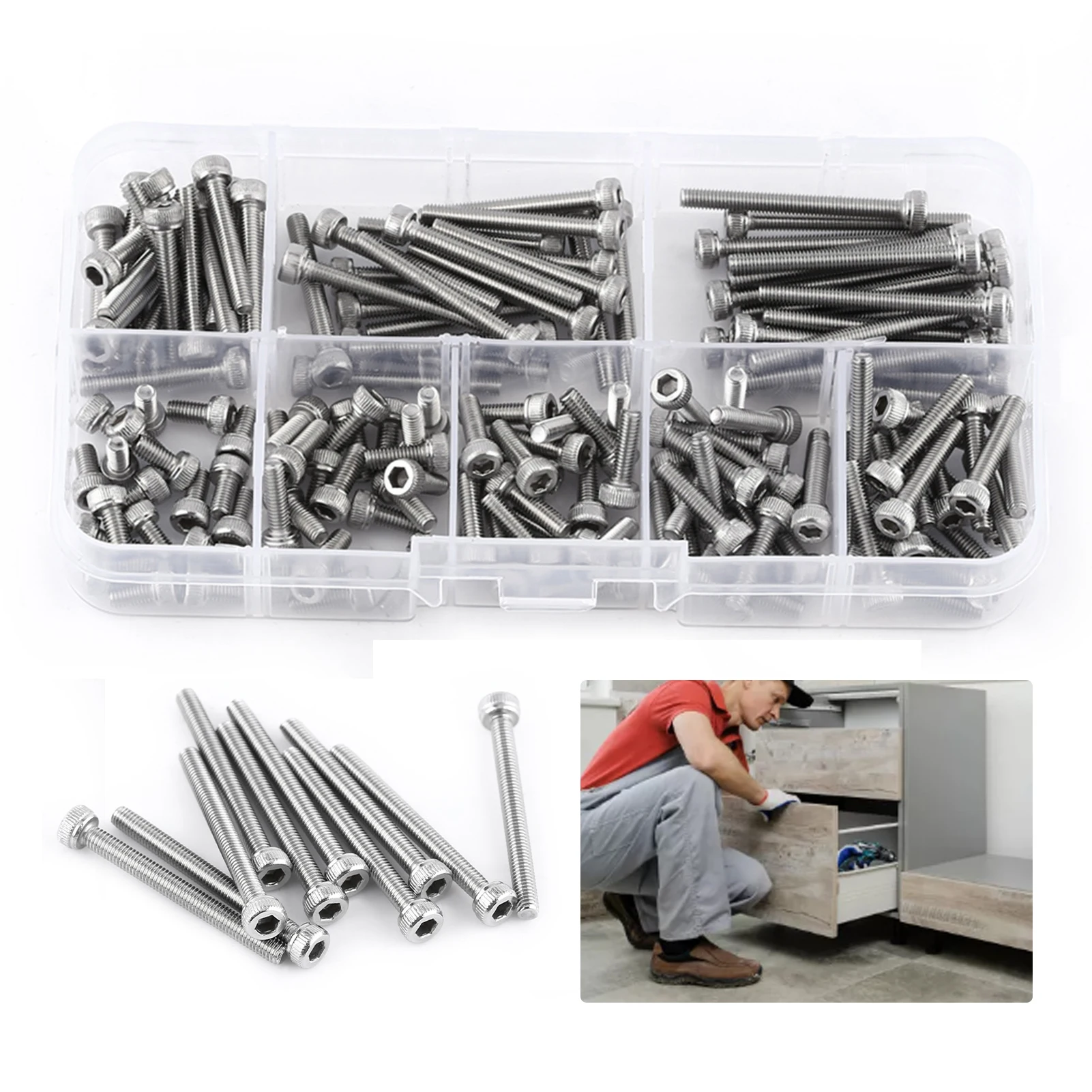 Hex Socket Screws 160pcs M3 SS304 Stainless Steel Metric Thread Hex Socket Head Screws Bolts Repair Tool Accessory
