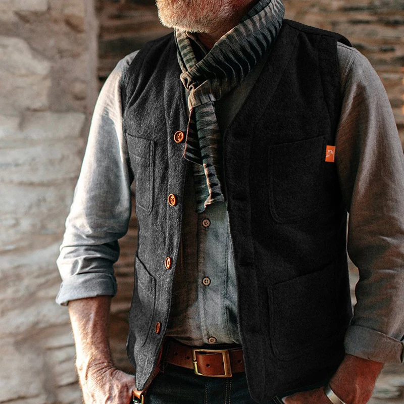 

Vintage Waistcoats Mens Sleeveless V Neck Single Breasted Vest Jacket for Men Spring Fashion Patchs Pockets Design Vest Coat Man