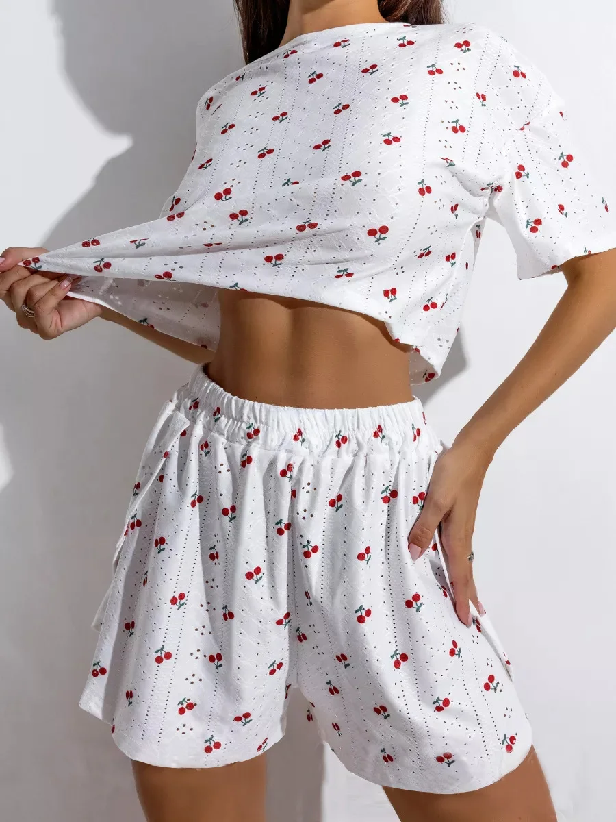 Frauen Pyjamas Set frauen Pyjamas Hohl Atmungsaktive Druck Sexy Split Shorts Rundhals Top Set Loungewear Hause Komfort – Detail 12