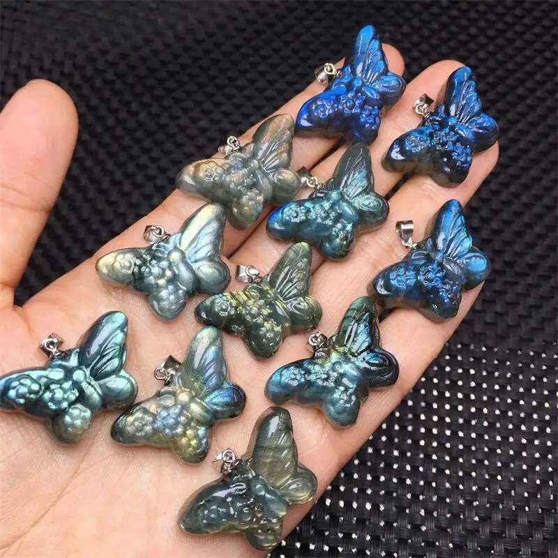 S925 Natural Colored Labradorite Butterfly Pendant Crystal Carving Polishing Mature Charm Jewelry Birthday Present 1PCS