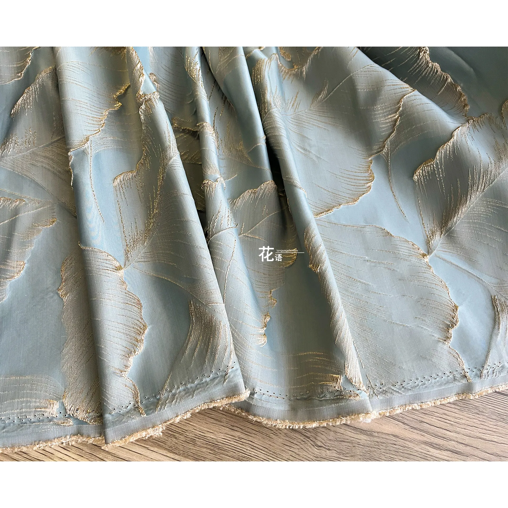 Gray Blue Leaf Cotton Linen Jacquard Designer Fabric Thread Botanical Pattern for Decorative Crafts and Custom Apparel
