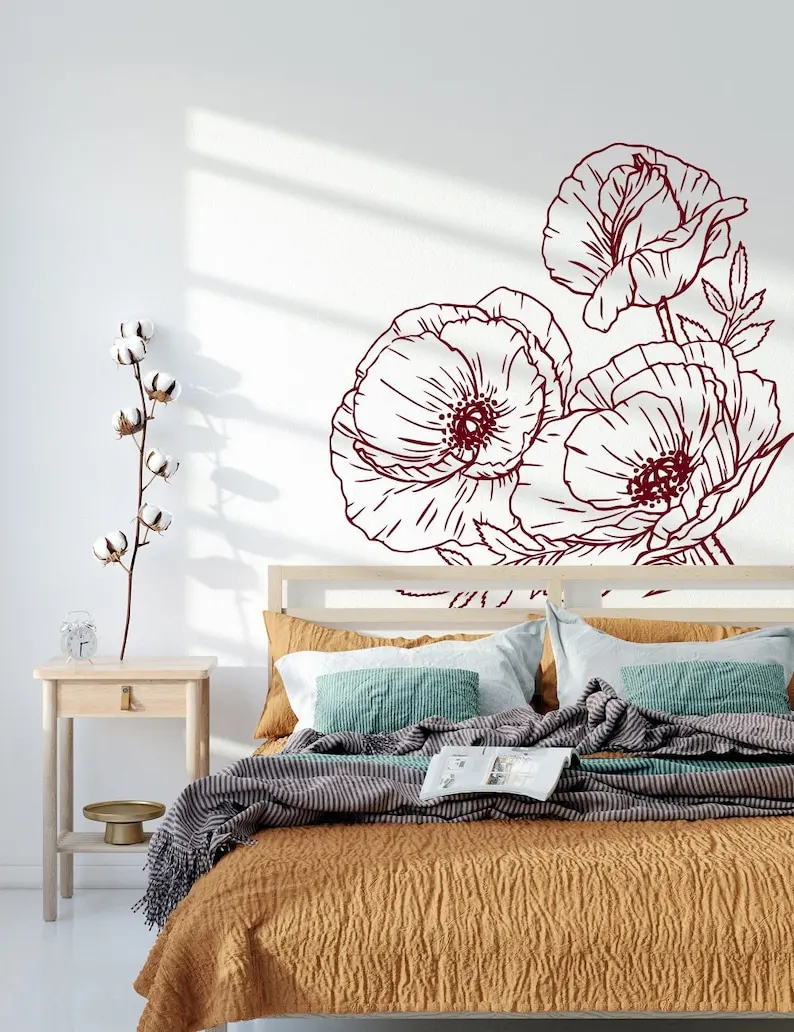 Poppy Wall Decal, Poppy Flower Wall Sticker, Floral Decor, Botanical Wall Art, Outline Flower Decor For Bedroom Home Living Room