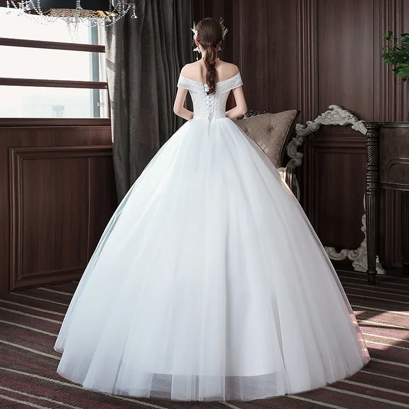 Dolce memoria scollo a barca abito da sposa principessa ricamo pizzo su rete bianco abiti da festa lunghi Sexy ragazza Prom Ball Gown