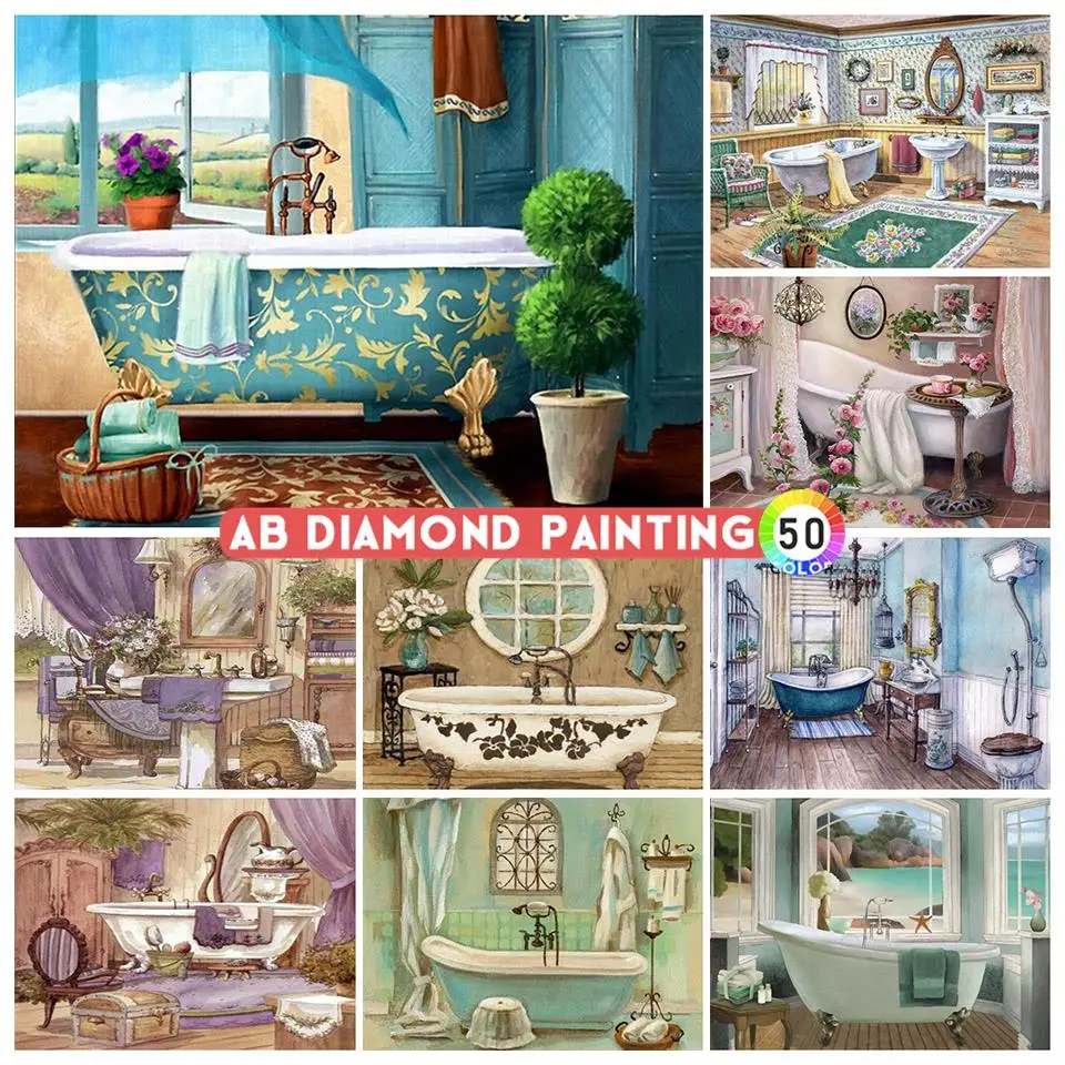 5D AB Diamond Painting Landscape Bathroom Square Diamond Embroidery Set Diamond Mosaic Art Picture Bathtub Home Decoration Gift