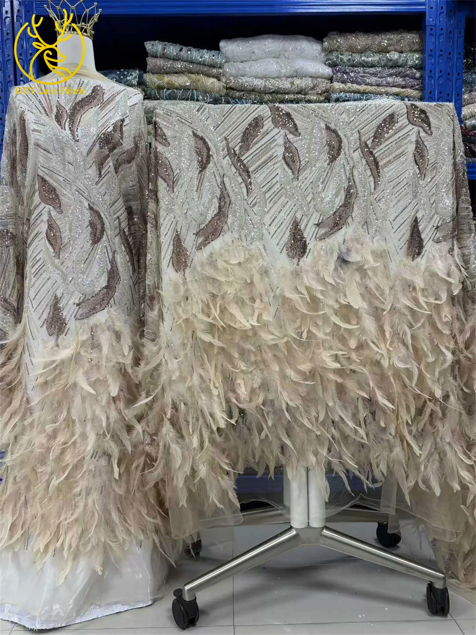 Luxuriöser 3D-Spitzenstoff mit Federperlen, 2026, hochwertiger afrikanischer nigerianischer Pailletten-Spitzenstoff, Kleid, Nähen, Premium-kundenspezifischer Stoff