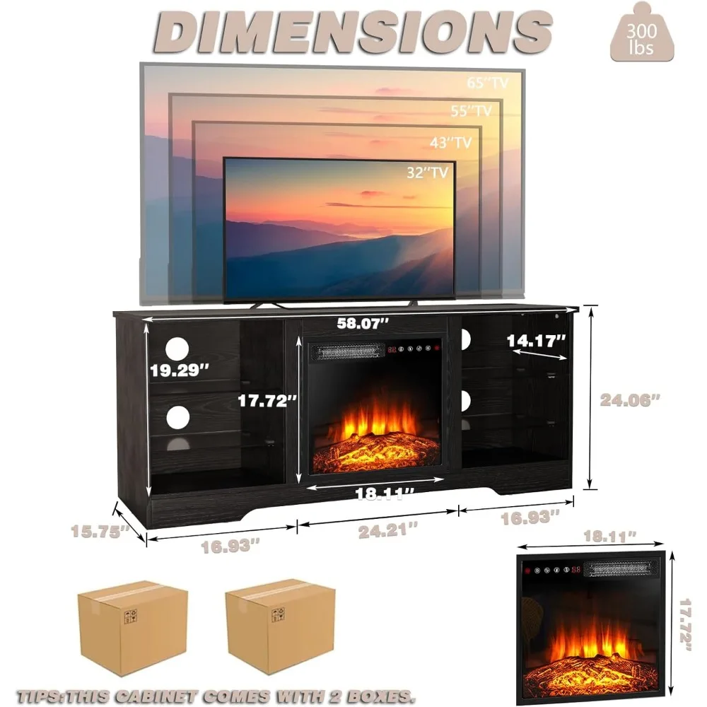 Fireplace TV Stand for TVs up to Console withElectric Fireplace & Remote, Wooden Modern Entertainment Center for Living Room