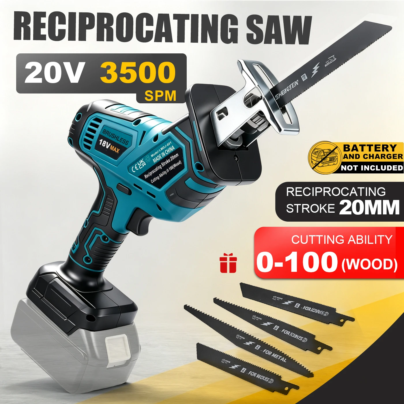 Cordless Brushless Reciprocating Saw 20mm Stroke Saber Sawzall For Makita 18V Battery Pin 3500SPM Multi Cutting Power Tools