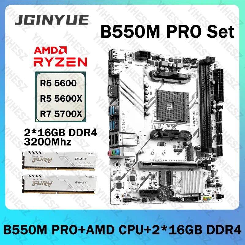 

JGINYUE B550M PRO Motherboard Set With AMD R5 5600/5600X R7 5700X 2*16GB=32GB 3200Mhz DDR4 RAM Support PCI-E 3.0 M.2 USB 3.2