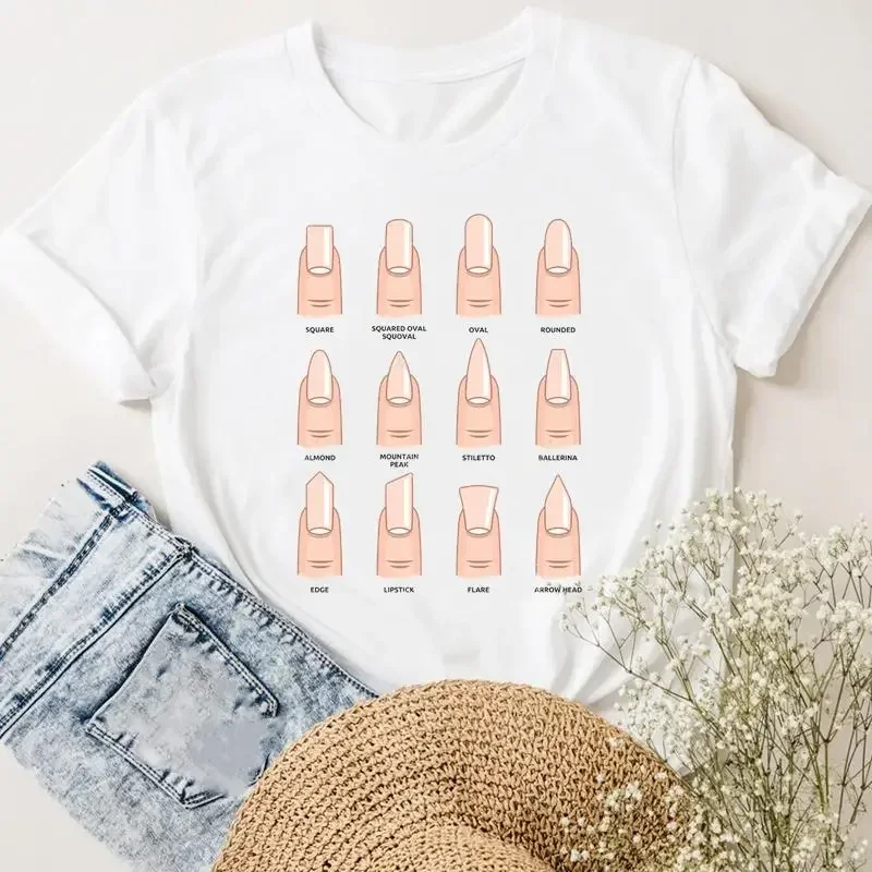 Camiseta de manga corta para mujer, ropa informal a la moda con estampado de Arte de uñas, amor, maquillaje, Verano