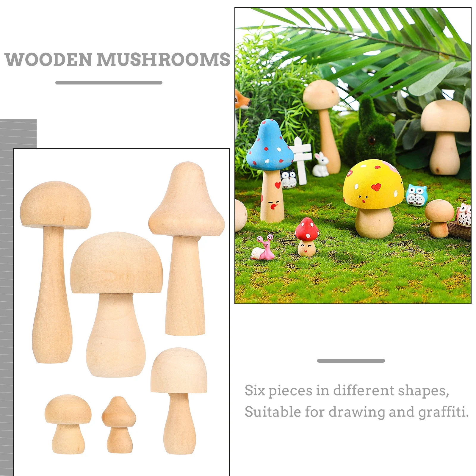 

DIY Unfinished Wood Mushroom 6Pcs Natural Plain Pegs for Kids Drawing Craft Painting Activities Unpainted Wooden Shape Toys