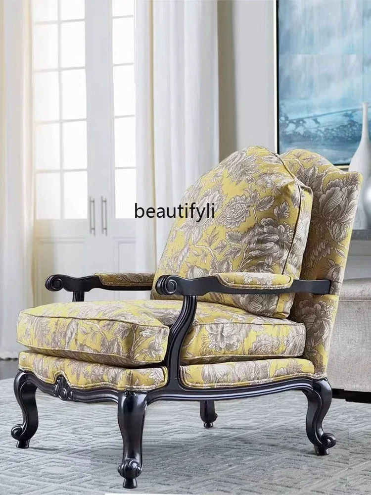 American Wingback Chair French Living Room Single Sofa Flower Cloth Couch Pedal Combination